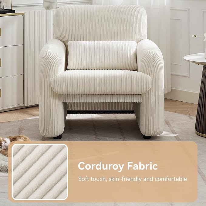 Corduroy Fabric Accent Chair, Modern Upholstered Living Room Chairs with Lumbar Pillow, Wide Comfy Leisure Armchair for Bedroom, Office, Reading, White