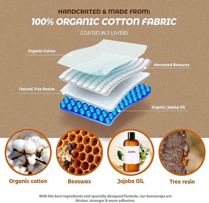 Akeeko Reusable Beeswax Food Wraps - Assorted 9 Packs, Reusable, Plastic-Free Food Storage, 5 Small, 2 Medium, 1 Large Wraps, 1 Extra Large with Tropical Leave Pattern