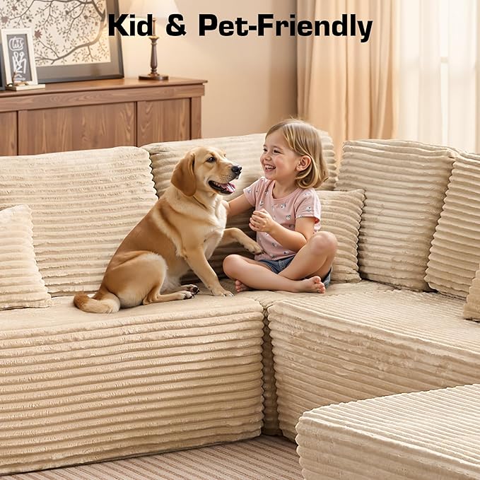 Oversized U Shaped Boneless Sectional Cloud Couch, 133.1'' Modular Sofa with Chaise, Deep Seat Plush Corduroy Couches for Living Room, No Assembly Required,Plush Corduroy,Beige