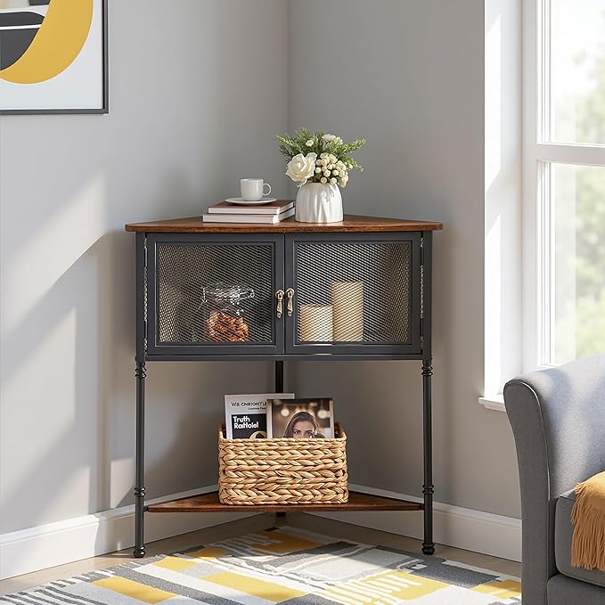VECELO 3 Tier Corner Shelf,Corner Table with Mesh Door and Open-Shelf,Corner Cabinet Stand,Metal Frame Organizer Display Storage Shelves for Bedroom,Living Room,Kitchen,Bathroom