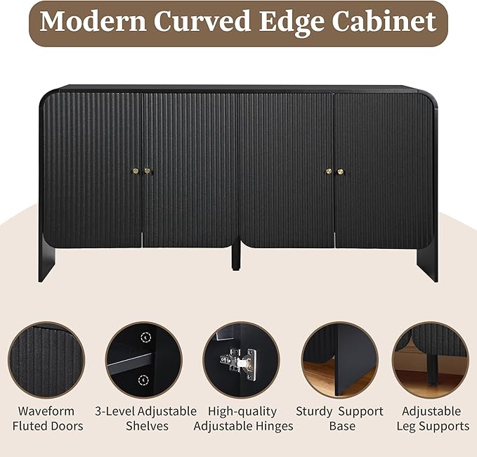 Fluted Sideboard Buffet Cabinet with Storage, 59'' Curved Buffet Cabinet with 4 Doors & Shleves, Modern Credenza Wood Coffee Bar Table Console for Dining Room Kitchen Living Room Entryway, Black