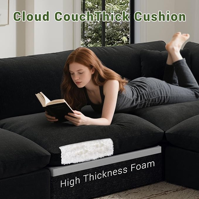 Oversize Cloud Modular Sectional Sofa,Chaise Down Filled Comfort Sofa Detachable Couch Cushion Covers for Living Room Apartment,Black