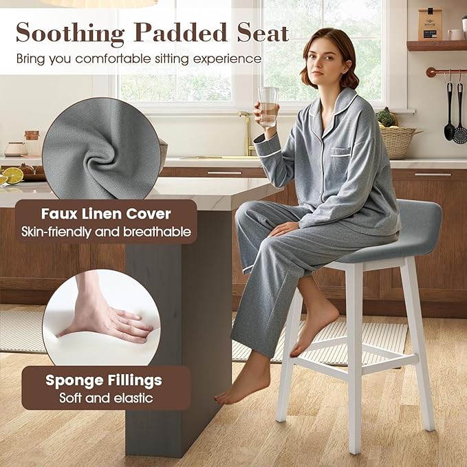 COSTWAY Wooden Bar Stools Set of 4, 29-inch Height Upholstered Padded Seat, Low Backrest, Footrest, Rubber Wood Legs, Armless Bar Chairs for Kitchen Counter Island, Dining Room, White+Gray