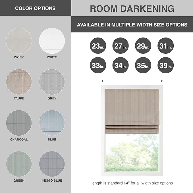 Madison Park Galen Cordless Roman Shade, 23"W x 64"H, Sheen Taupe – Room Darkening, Thermal Insulated, Energy Efficient Window Blind with Subtle Sheen Basketweave Fabric for Privacy