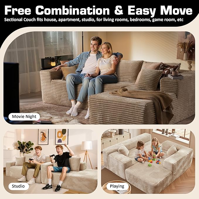 106" Cloud Sectional Couch with Chaise Lounge,L Shaped Modular Modern Sofa,Comfy Corduroy Fluffy Couches with Deep Seat,No Assembly Required Couch for Living Room(Right,Plush Corduroy,Beige)
