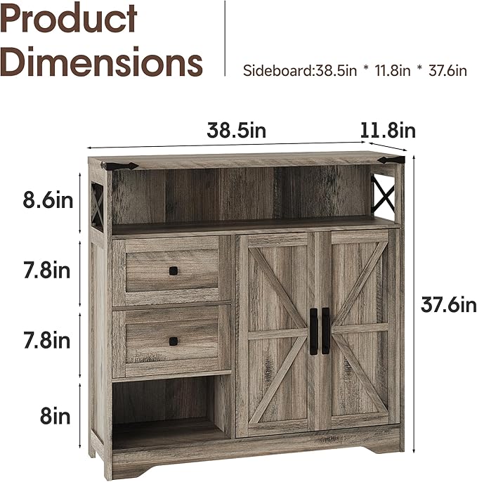 Fameill Farmhouse Storage Cabinet with Drawers and Open Storage,Freestanding Kitchen Pantry with 2 Barn Doors, Floor Cabinet with Adjustable Shelf for Living Room,Grey