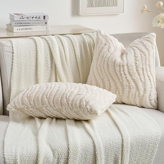 FUTEI Cream Decorative Throw Pillow Covers 16x16 Inch Set of 2,Soft Faux Fur Geometric Shapes Texture Cushion Case,Boho Home Decor for Couch Bed Living Room