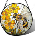 Stained Glass Window Hanging - Yellow Bees Gathering Flowers Sun Catcher for Door Garden Home Decor Cute Suncatcher Christmas Mother's Day Birthday Gifts for Women Men Mom Nana 11.8 in