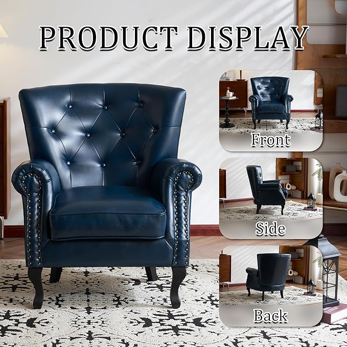 Modern Accent Chair, Mid-Century Faux Leather Armchair with Solid Wood Legs, Single Sofa Club Chair for Living Room, Bedroom, Leisure Room, Reading Room(Navy)