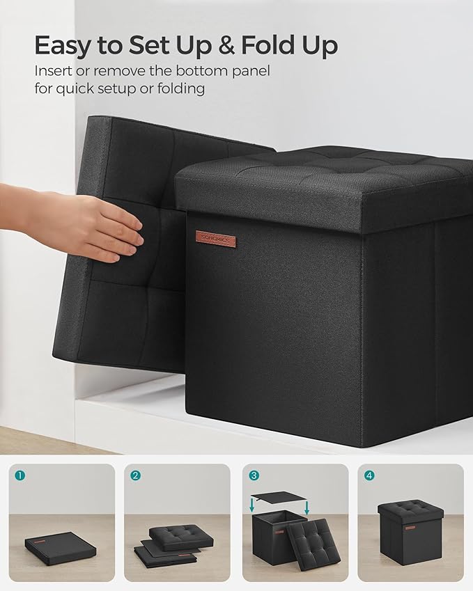 SONGMICS Storage Ottoman, Foldable Small Ottoman Foot Rest, 11.8 Inches Foot Stool, Cube Ottoman with Storage, Load up to 286 lb, for Living Room, Bedroom, Dorm, Ink Black ULSF028B01