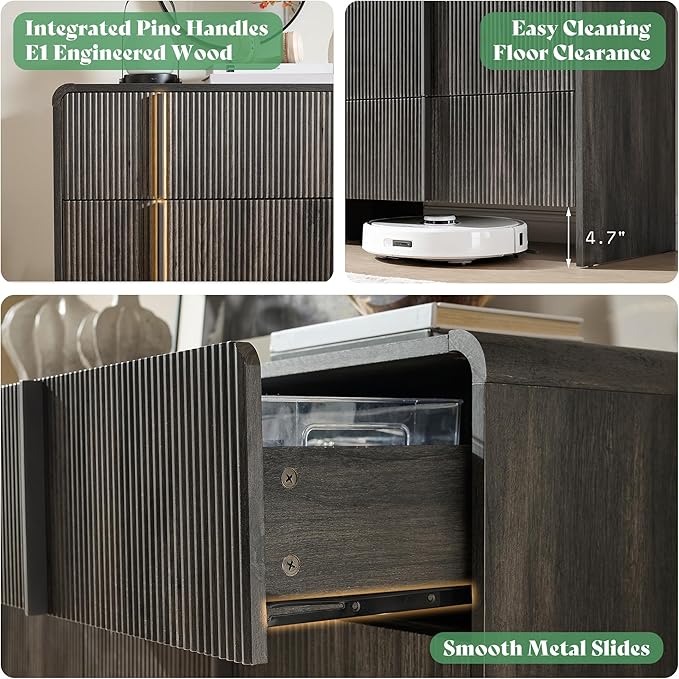 AMERLIFE 63" Fluted 6 Drawer Dresser, Long Modern Chest of Storage Drawers with Pine Handles, Rounded Corners & Anti-Tip Design, Wood Closet Organizer for Bedroom, Living Room, Nursery, Black