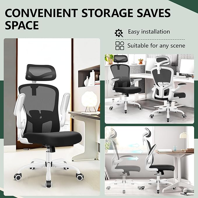 FelixKing Office Chair with Headrest, Home Office Desk Chairs with Flip-Up Armrests, Adjustable Height Ergonomic Office Chair Lumbar Support, Mesh Backrest Computer Chair (White)