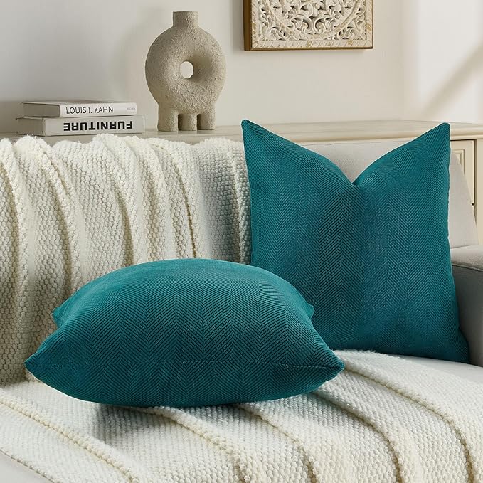 FUTEI Teal Chenille Throw Pillow Covers 20x20 Inch Set of 2,Soft Wide Chevron Textured Cushion Case,Farmhouse Home Decor for Couch Bed Living Room