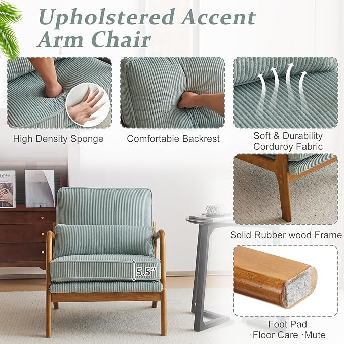 VINGLI Upgraded Premium Corduroy Accent Chair,Upholstered Arm Chair,Solid Wood Comfy Reading Chair with Pillow, Mid Century Modern Chairs for Living Room,Bedroom,Guest Room,Light Teal