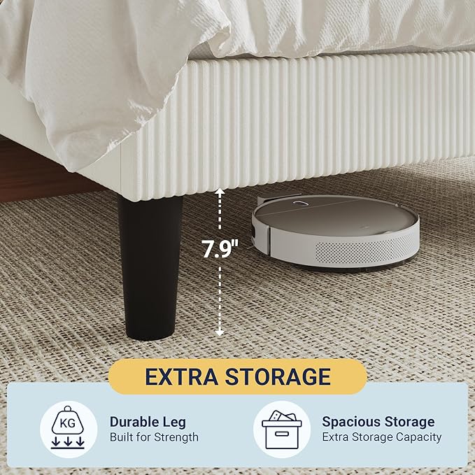 Allewie King Size Upholstered Bed Frame with Vertical Channel Tufted Headboard, Soft Corduroy Fabric Platform Bed, Strong Wooden Slats Support, Easy Assembly, No Box Spring Needed, White