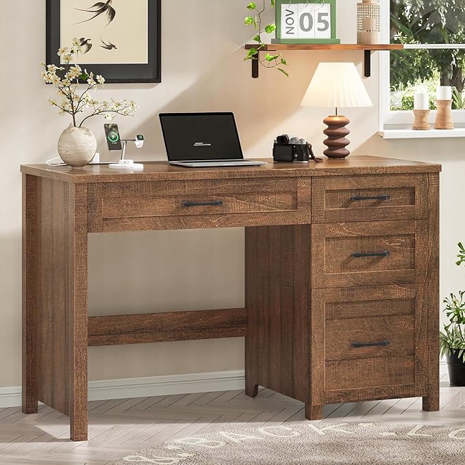 Vabches Farmhouse 47" Executive Desk, Computer Desk with File Drawer and Charging Station, Workstation for Home Office, Study.Red-Brown.