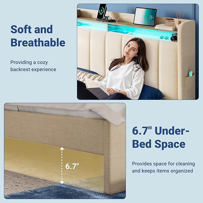 Allewie Vertical Tufted King Size Upholstered Platform Bed Frame with 2-Tier LED Storage Headboard & 2 Storage Drawers, USB & Type-C Charging Ports, Noise-Free/No Box Spring Needed, Beige
