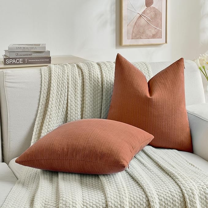 FUTEI Rust Decorative Throw Pillow Covers 26x26 Inch Set of 2,Soft Cozy Wheat Ear Striped Patterns Euro Pillow Shams,Modern Home Decor for Couch Bed Living Room