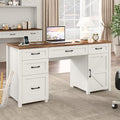 Farmhouse 61'' Executive Desk with 5 Drawers, Rustic Office Desk Computer Desk with Charging Station, File Drawers and Storage Cabinet, Wood Workstation for Home Office and Study, Unique White