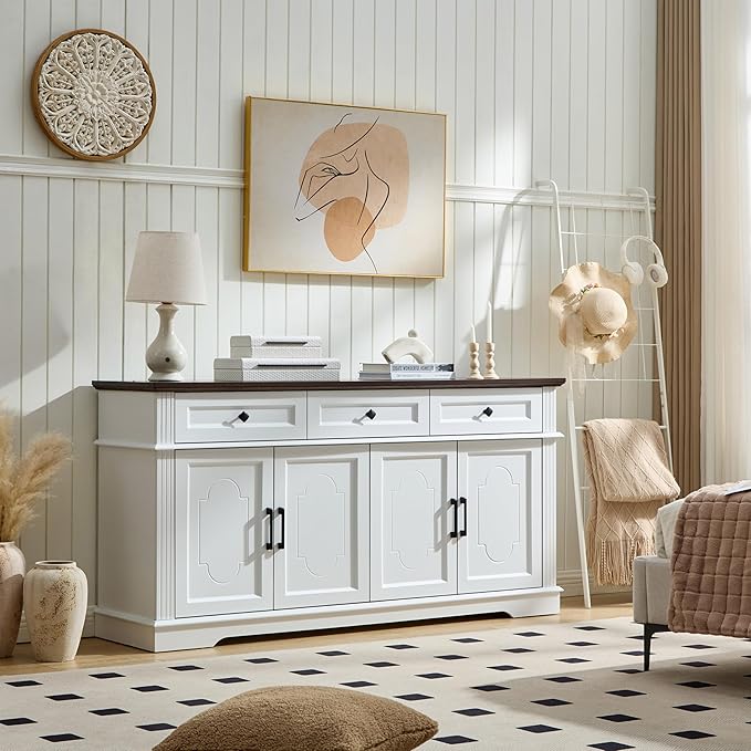 63" White Buffet Sideboard Cabinet with 4 Doors and 3 Drawers, Modern Farmhouse Kitchen Storage Cabinet, Coffee Bar Cabinet with Adjustable Shelves, Living Room Storage, Dining Room