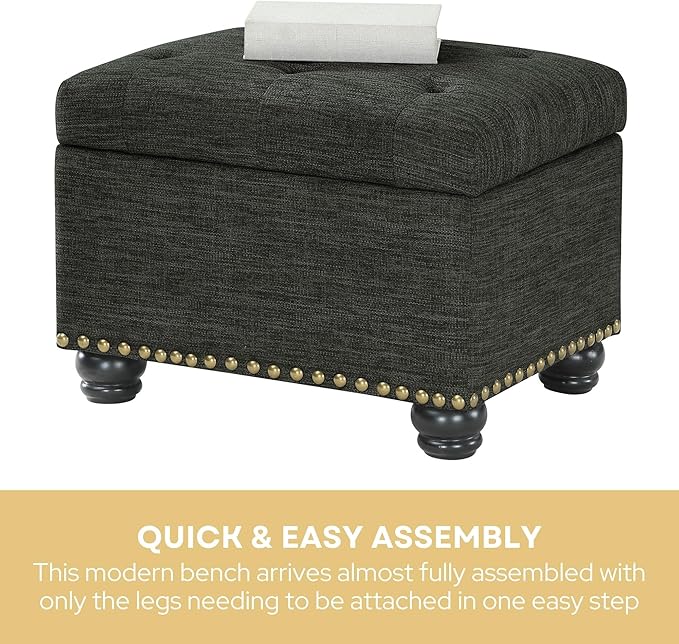 Convenience Concepts Designs4Comfort 5th Avenue Upholstered Storage Ottoman 24" - Contemporary Foot Stool and Seat with Hinged Lid for Living Room, Dining Room, Office, Den, Dark Charcoal Gray Fabric