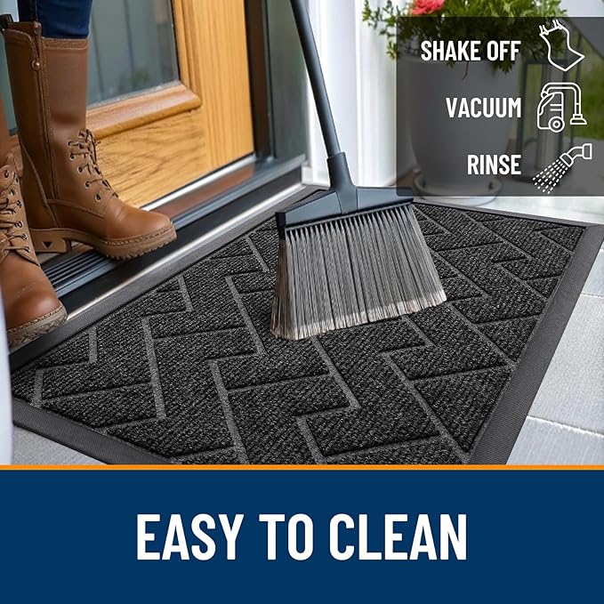 OLANLY Front Door Mat Indoor Outdoor Entrance, Waterproof All-Season, All-Weather Doormat, Sturdy Natural Rubber, Low Profile, Easy Clean Patio Porch Entryway Mat, Herringbone Brick (Black, 71x47)