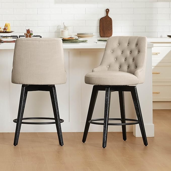 Watson & Whitely Modern Swivel Bar Stools, Performance Fabric Upholstered Counter Height Bar Stool with Back, Solid Wood Legs, 26" H Seat, Set of 2, Tan
