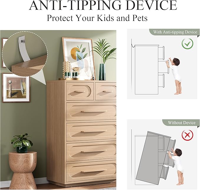 6 Drawer Dresser for Bedroom, 44" Tall Dressers & Chest of Drawers w/Solid Wood Handle, Wood Mid Century Closet Organizers and Storage Cabinet for Bedroom, Living Room, Hallway, Natural Oak