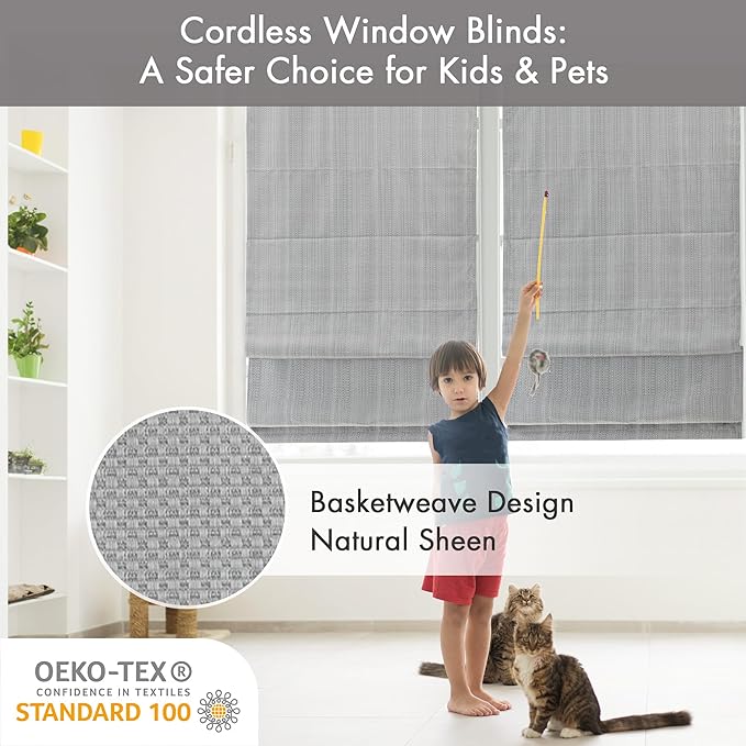 Madison Park Galen Cordless Roman Shade, 27"W x 64"H, Sheen Grey – Room Darkening, Thermal Insulated, Energy Efficient Window Blind with Subtle Sheen Basketweave Fabric for Privacy
