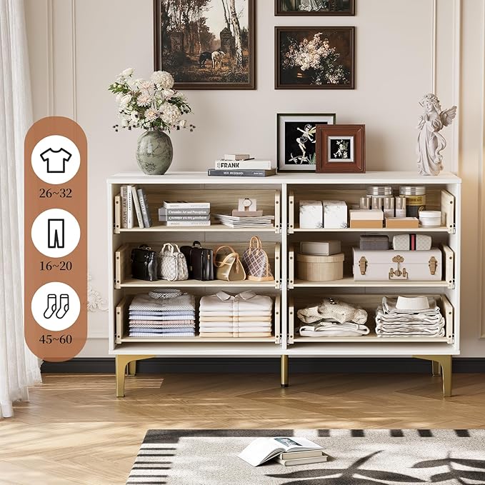 White Wood Dresser for Bedroom, 6 Drawers Dresser with Metal Handles & Embossed Woodgrain, 47" Wide Modern Chest of Drawers for Living Room, Hallway