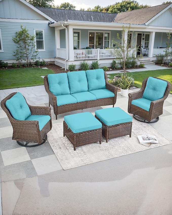 Patio Sofa Outdoor Wicker Couch - Heavy Duty All-Weather Brown Rattan 3-Seater with High Back and Comfortable Thick Cushions for Garden Back Porch Poolside Apartment - Turqoise