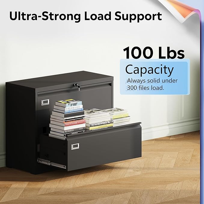 DEVAISE Metal Lateral File Cabinet with Lock, 2 Drawer Filing Cabinets for Home Office, 16" D x 35" W x 29" H Wide Storage Organization for Hanging Files Letter/A4/Legal/F4 Size, Black