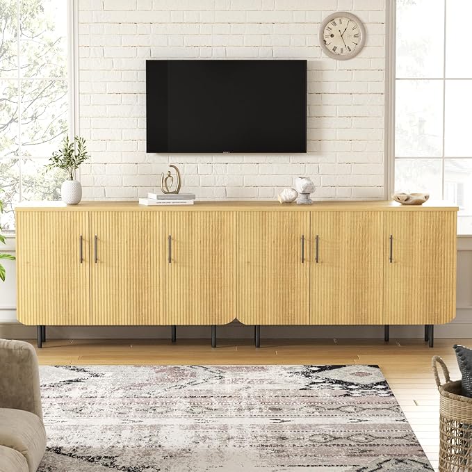 Set of 2 Fluted Natural Storage Cabinets, Modern 3-Door Sideboard Buffet Cabinet with Adjustable Shelves and Metal Legs, Accent Cabinet for Kitchen, Living Room, Entryway (Natural & Black)