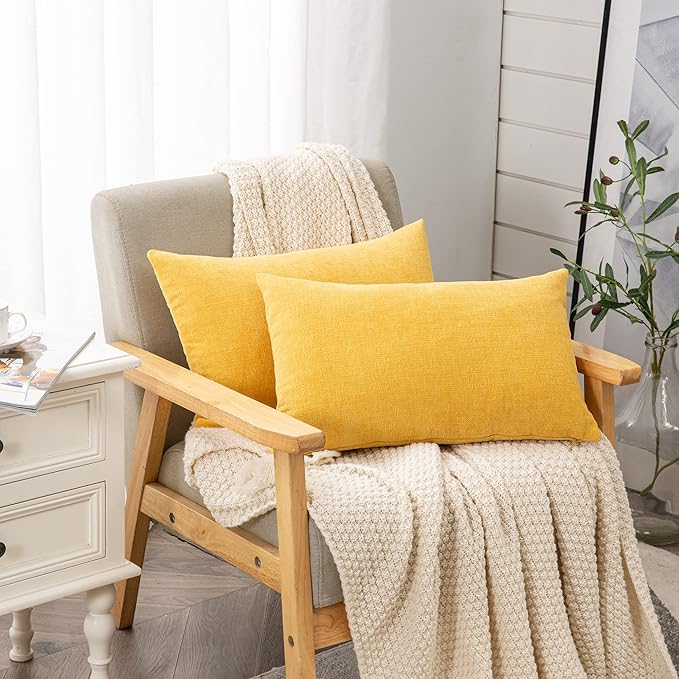 GAWAMAY Lumbar Pillow Cover Decorative Throw Pillow Covers 12"x20" Inch Set of 2, Super Soft Chenille Pillowcase for Living Room Bedroom Sofa Couch Cushion Cover Mustard Yellow 30x50cm (ONLY Covers)