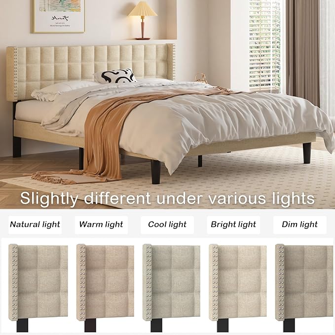 VECELO Headboard King Size, Linen Upholstered Headboards Only with Nailhead Trim Wingback, Square Stitched Design, Adjustable Height from 40" to 49.8", Oatmeal