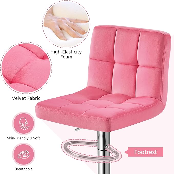 Yaheetech Pink Velvet Bar Stools, Adjustable Barstools Set of 4, Armless Swivel Counter Stools with Thickened Seat Cushion for Kitchen Island, Pink