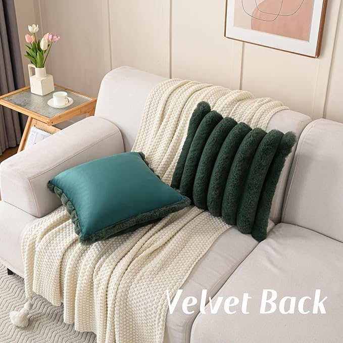 FUTEI Christmas Dark Green Decorative Throw Pillow Covers 18x18 Inch Set of 2, Square Soft Faux Rabbit Fur Thick Striped Cushion Cover,Winter Home Decor for Couch Bed Living Room