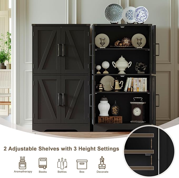 Treocho Bathroom Floor Cabinet, Farmhouse Bathroom Storage Cabinet with Doors and Adjustable Shelves, Freestanding Kitchen Pantry Cabinet, Cupboard for Living Room, Dining Room, Black