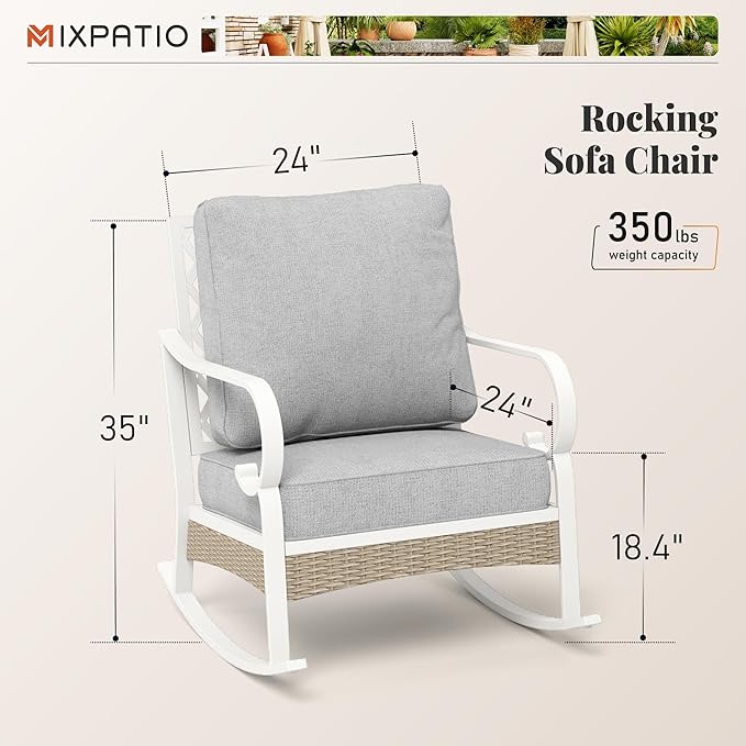 Patio Rocking Chairs Set of 2, Outdoor Sofa Chairs with Deep Seating and 5.5" Cushions, Steel Frame Porch Furniture for Lawn Backyard Deck, Light Grey