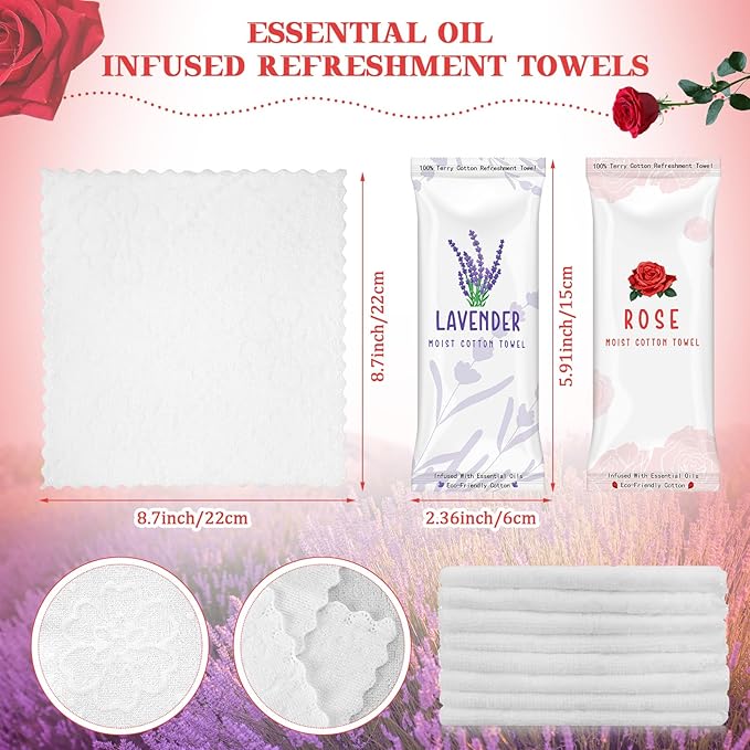 50 Pcs Moist Towelettes Individually Wrapped Scented Disposable Face Towels Essential Oil Infused Moist Terry Cotton Towel for Use Hot or Cold Travel Body Spa (Rose, Lavender)