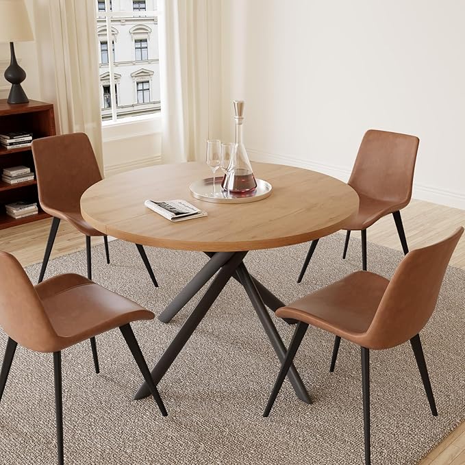 45.3 Inch Modern Round Dining Table for 4, Space-Saving Dinette with Carbon Steel Legs for Home Kitchen Apartment(Oak Table)