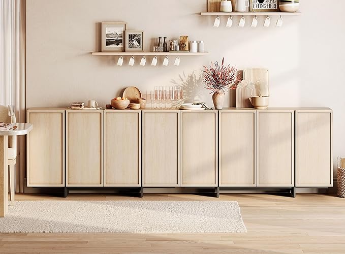 WAMPAT Modern Sideboard Buffet Cabinet with 8 Doors, Multifunctional Sideboard with Large Storage and T-Shaped Legs, Coffee Bar Cabinet Storage Cabinet for Kitchen, Living Room, Light Oak
