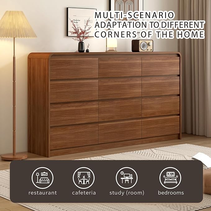 63 Inch Dresser For Bedroom 12 Drawer Wood Chest of Drawers - Curved Anti Collision, Mid Century Dresser For Closet with Natural Texture & Pre-Embedded Slots for TV Stand, Living Room, Nursery