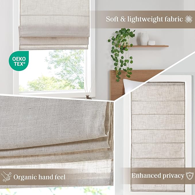 Madison Park Kyler Cordless Roman Shades - Single Panel, Lightweight Linen Blend Fabric, Natural Design, Easy Installation, Light Filtering Window Blind, Bedroom, Living Room Decor 27"W x 64"H Natural