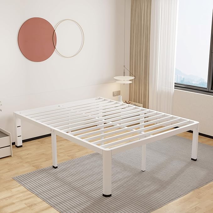 ROIL 14 Inch White Full Size Bed Frame with Rounded Corner and Headboard Hole Mattress Retainers 3500LBS Heavy Duty Steel Slats No Box Spring Needed Platform Noise-Free Easy Assembly