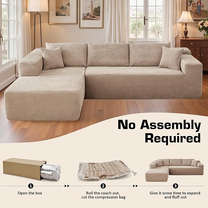 106" Cloud Sectional Couch with Chaise Lounge,L Shaped Modular Modern Sofa,Comfy Corduroy Fluffy Couches with Deep Seat,No Assembly Required Couch for Living Room(Left,Stripe Corduroy,Camel)