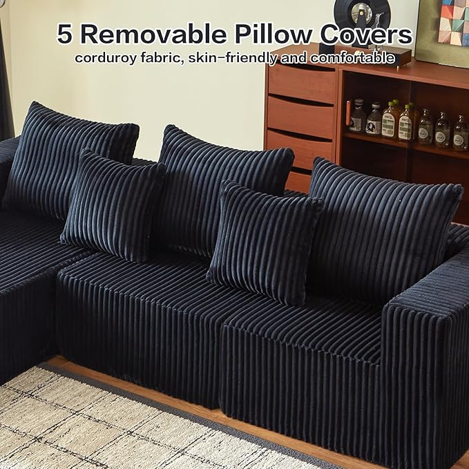 Modular Sectional Sofa, 101" Boneless Couch Sectional, Deep Seat L Shaped Sofa, All-Foam Filled Cloud Couch for Living Room (Black, Corduroy)