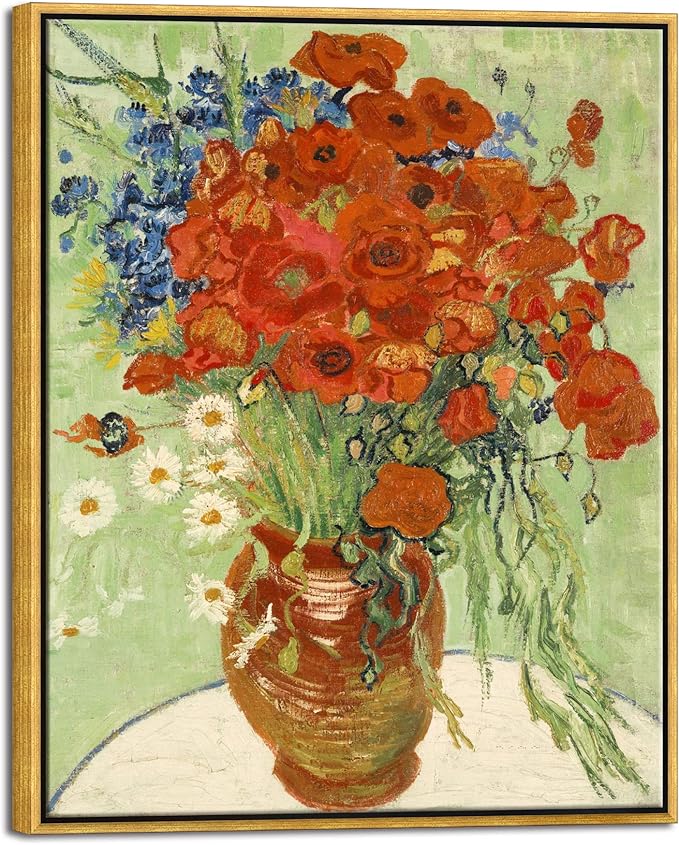 Wieco Art Framed Wall Art of Red Poppies and Daisies by Vincent Van Gogh Paintings Reproduction Abstract Canvas Prints for Home Living Room Decorations Bronze Gold Frame