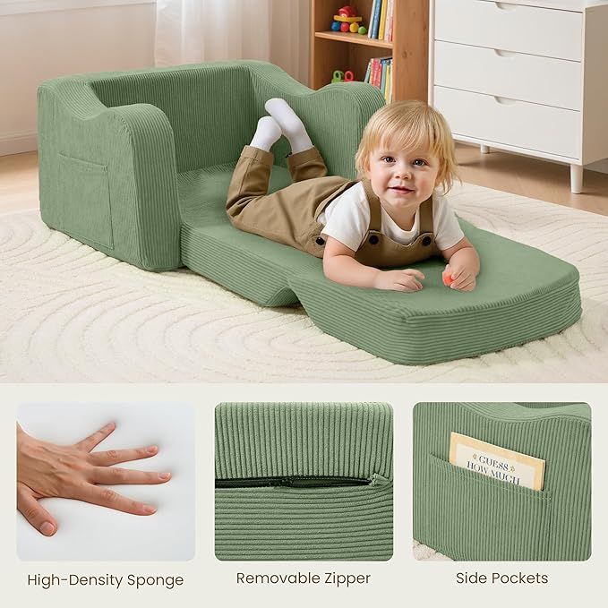Comfy Toddler Chair for Kids, 2-in-1 Toddler Soft Plush Couch Fold Out, Convertible Kids Couch to Lounger, Baby Sofa for Boys and Girls, Green