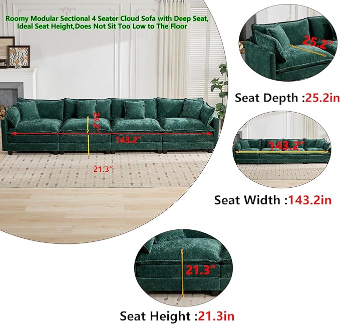 Aoowow Modular Sectional 4 Seater Cloud Sofa Couch for Living Room,149.6" Cloud Sofas with Deep Seat,Modern Chenille 4 Seat Sofas,Fluffy Cloud Couches for Bedroom,Office,Hotel (Green, 4 Seater)